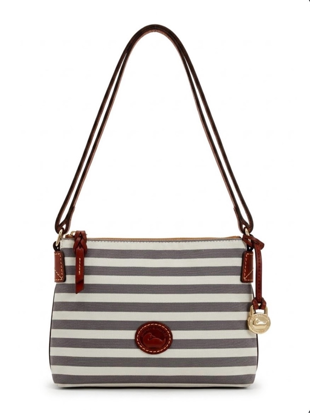 Dooney & Bourke Gray and White Striped Crossbody with Brown Leather Trim
